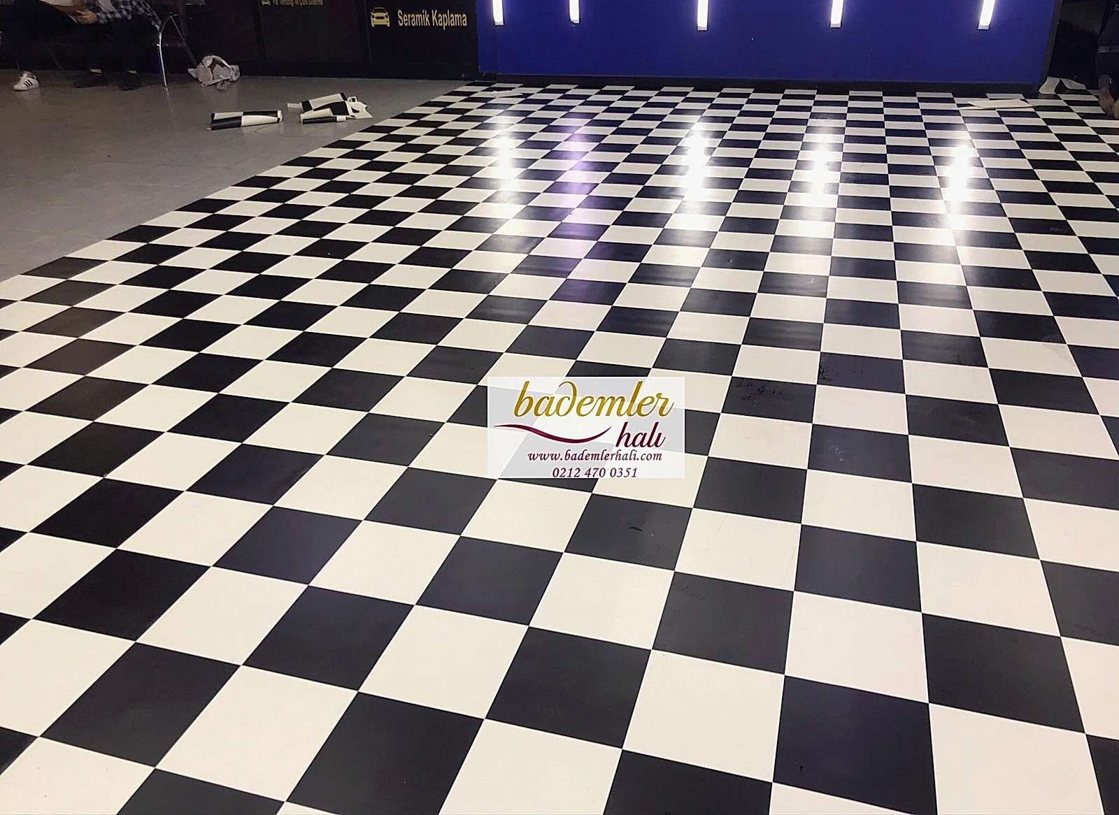Siyah Beyaz Kareli Mineflo Dama Desenli Yer döşeme Kareli Siyah beyaz renk zemin kaplama damalı mineflo pvc yer döşeme satranç desen yer döşemesi